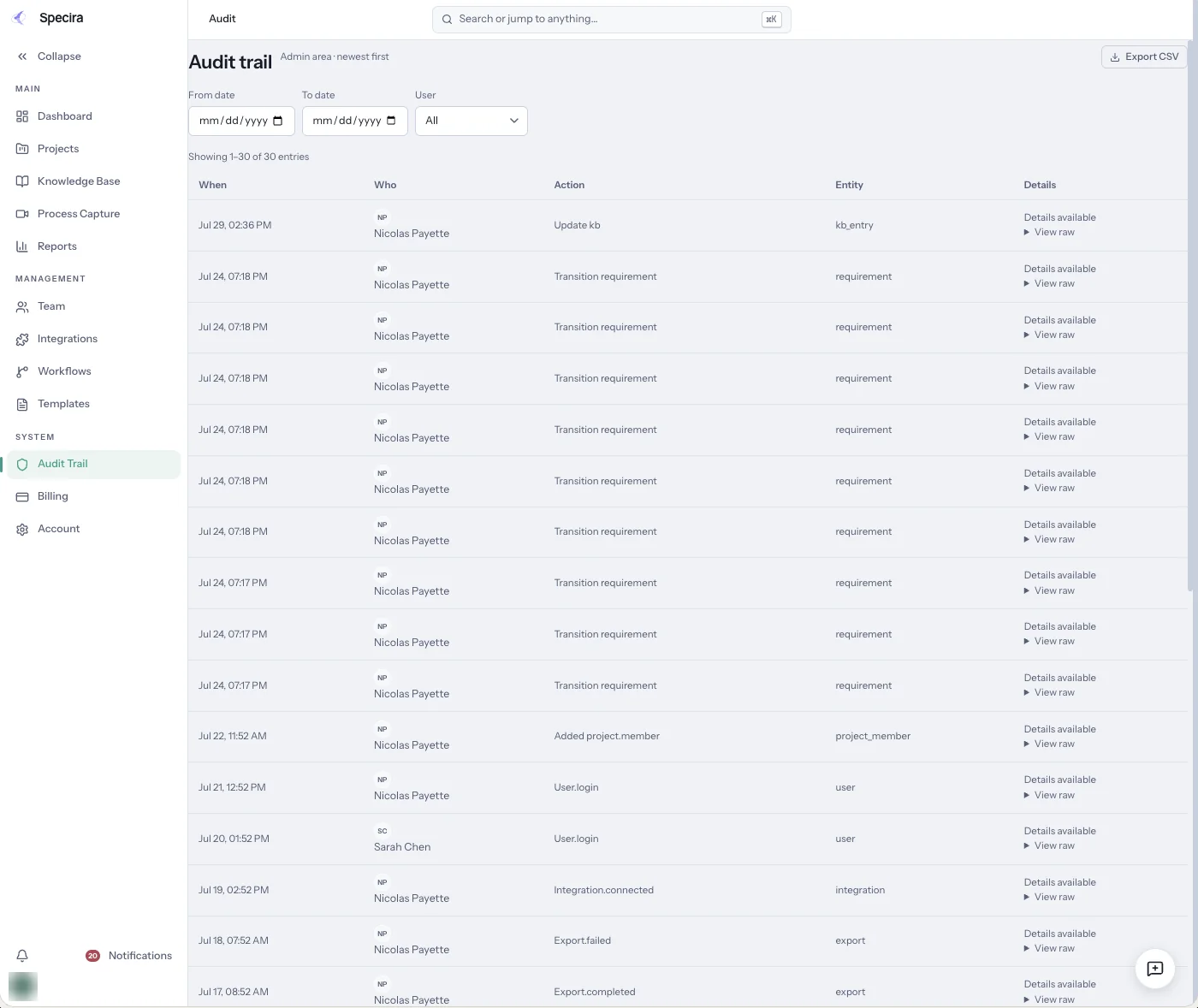 Specira audit trail table with timestamp, actor, action, entity and details for each event