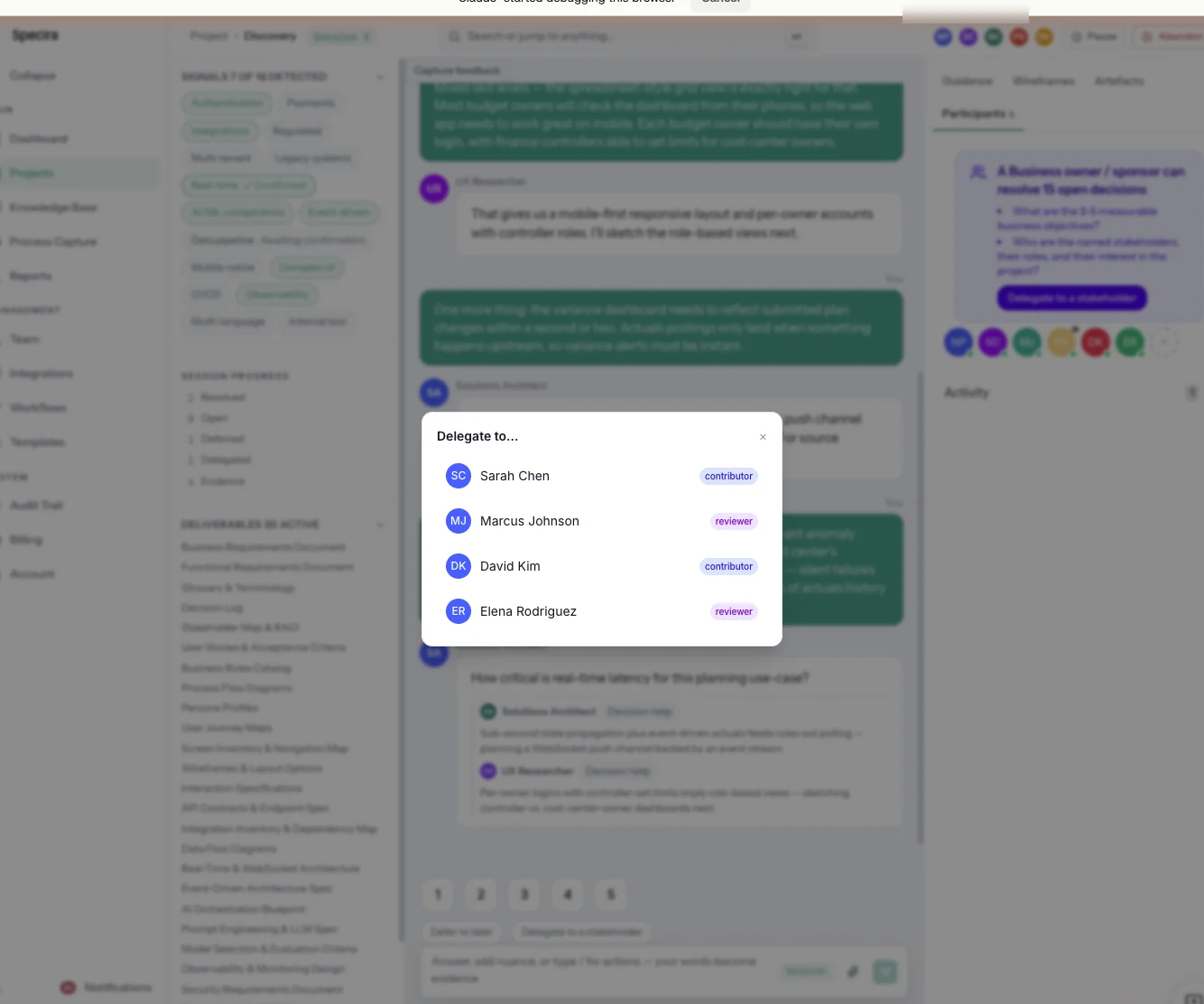 Specira session with the delegate dialog open