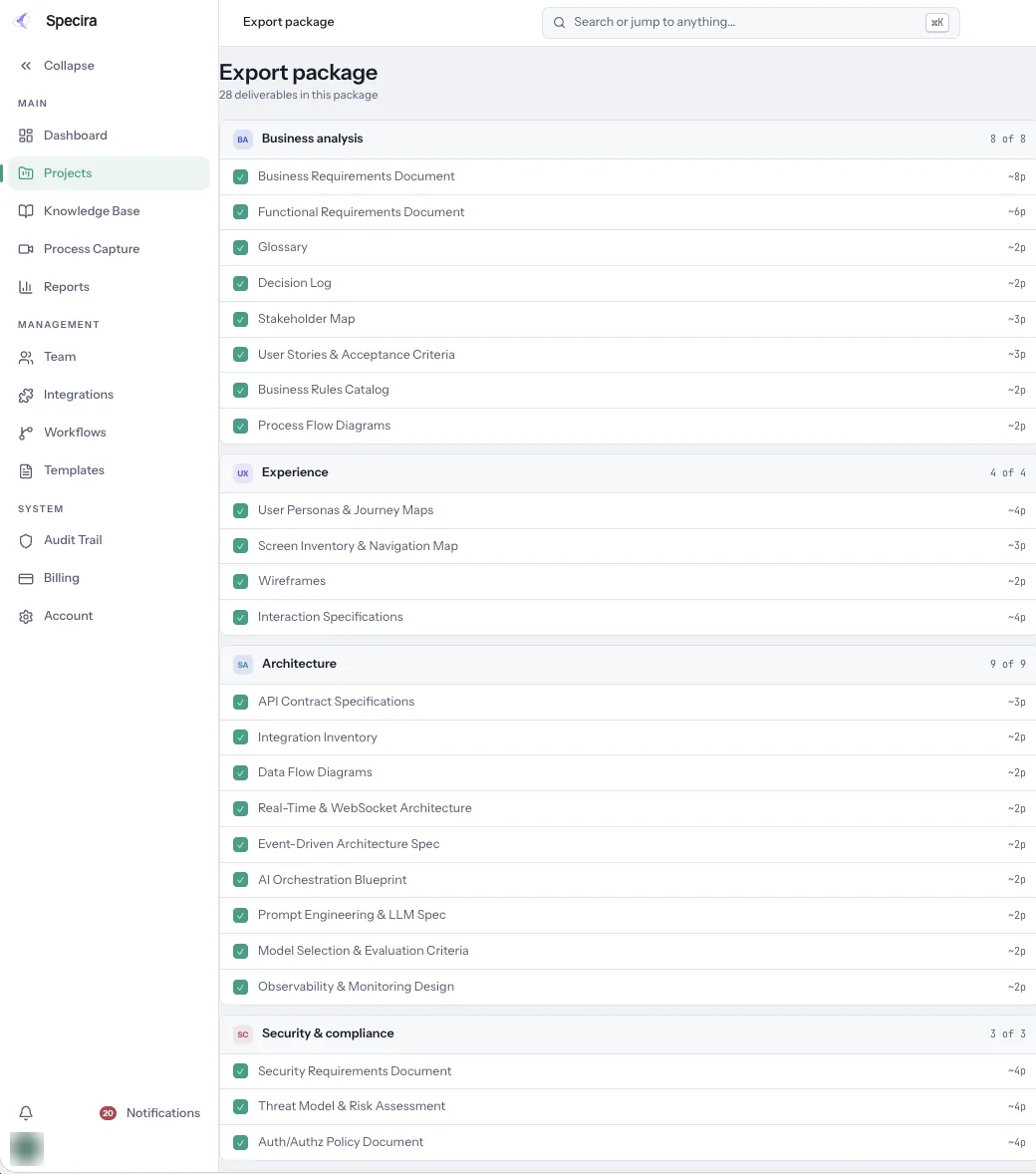 Specira export package listing 28 deliverables grouped by Business Analyst, UX Researcher, Solutions Architect and Security Analyst