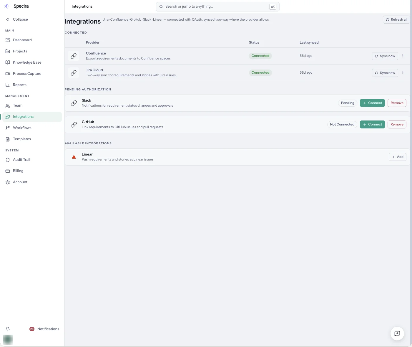 Specira integrations page showing Confluence and Jira connected, Slack and GitHub pending, Linear available