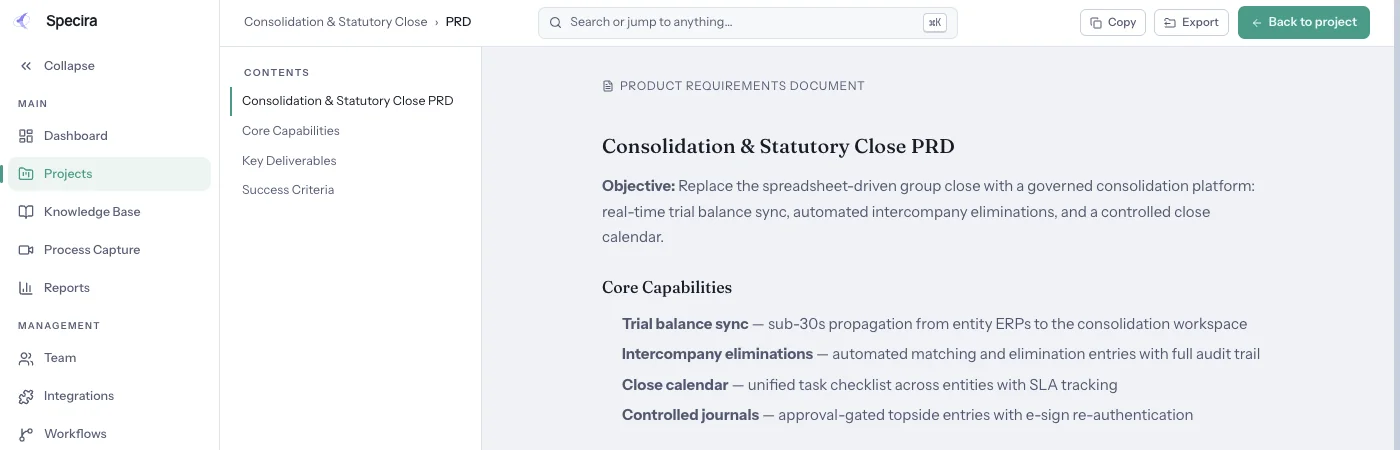 Specira PRD viewer showing the Consolidation and Statutory Close PRD with a contents rail, objective and core capabilities