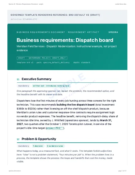 First page of the sample: Business Requirements Document (BRD)