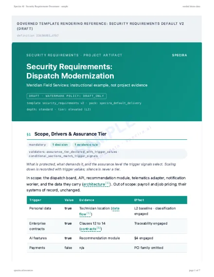 First page of the sample: Security Requirements Document