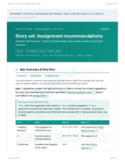 First page of the sample: User Stories and Acceptance Criteria