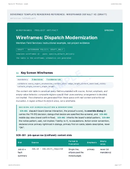 First page of the sample: Wireframes